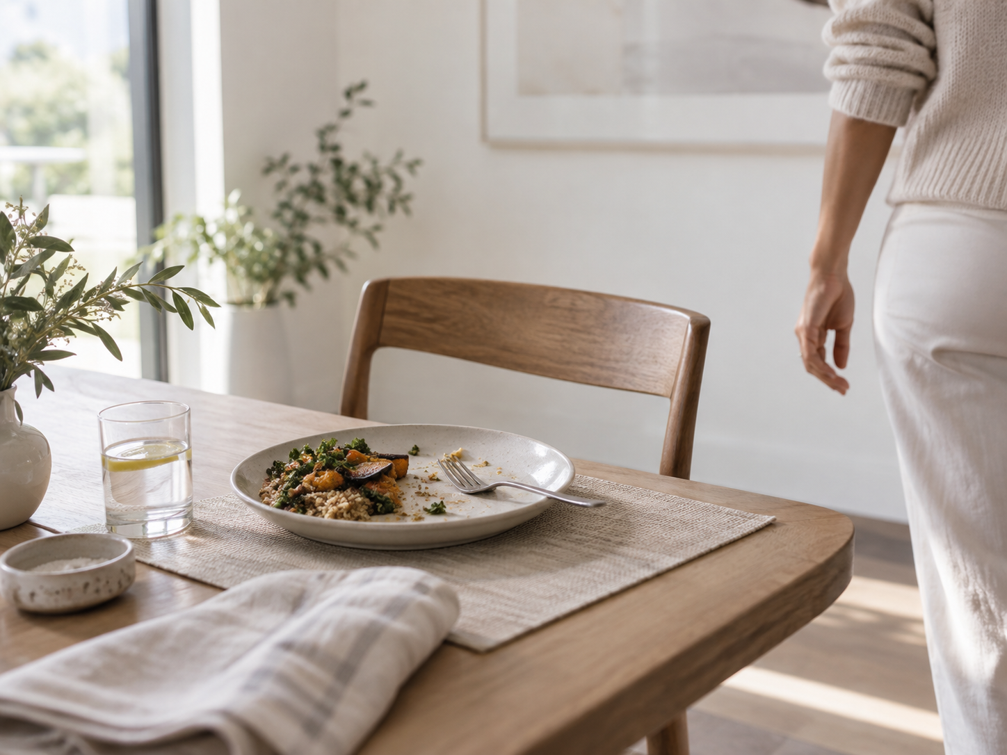 Partially eaten meal beside a glass of water as a person leaves the table