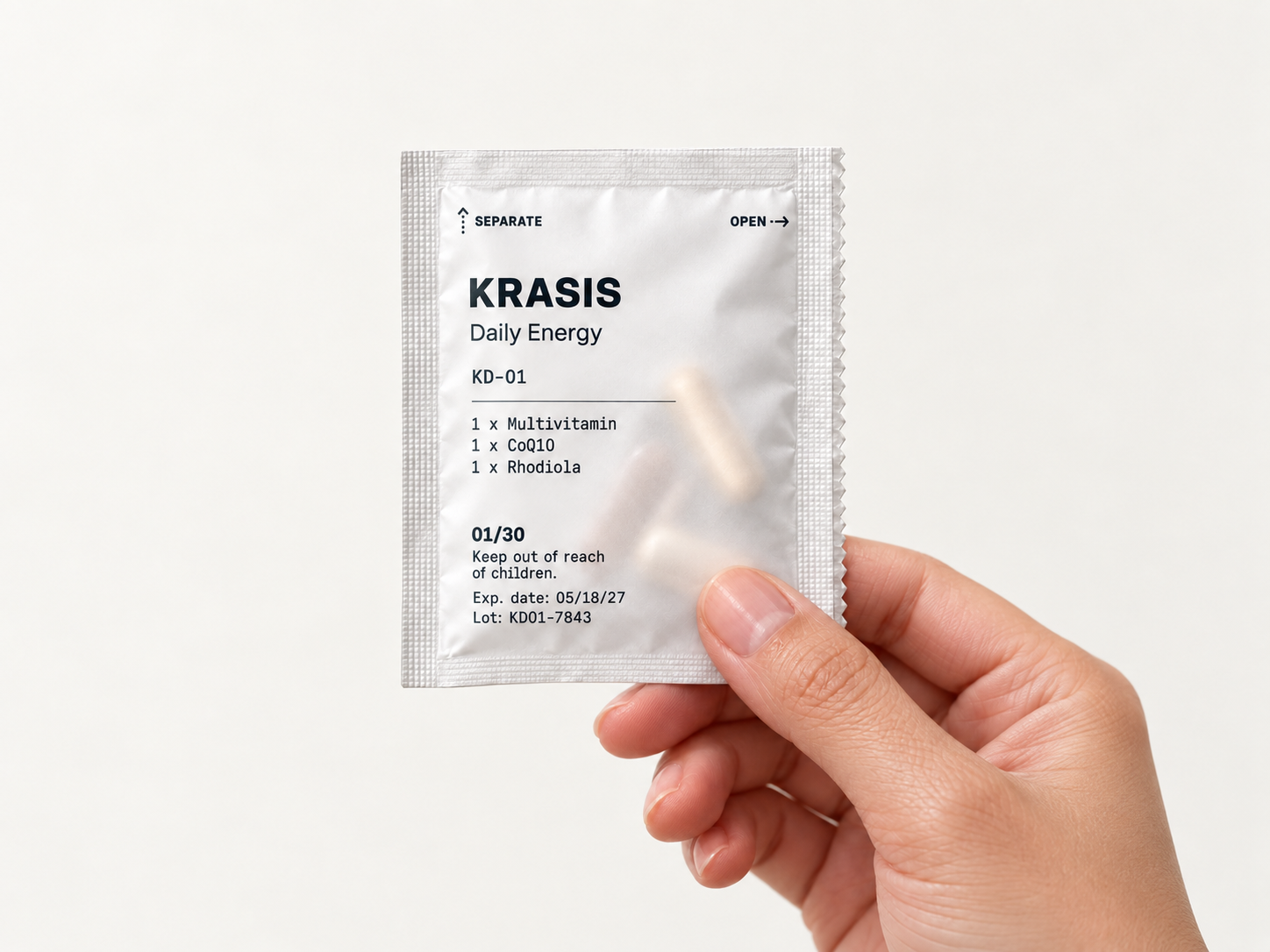 Krasis Daily Energy packet held in hand
