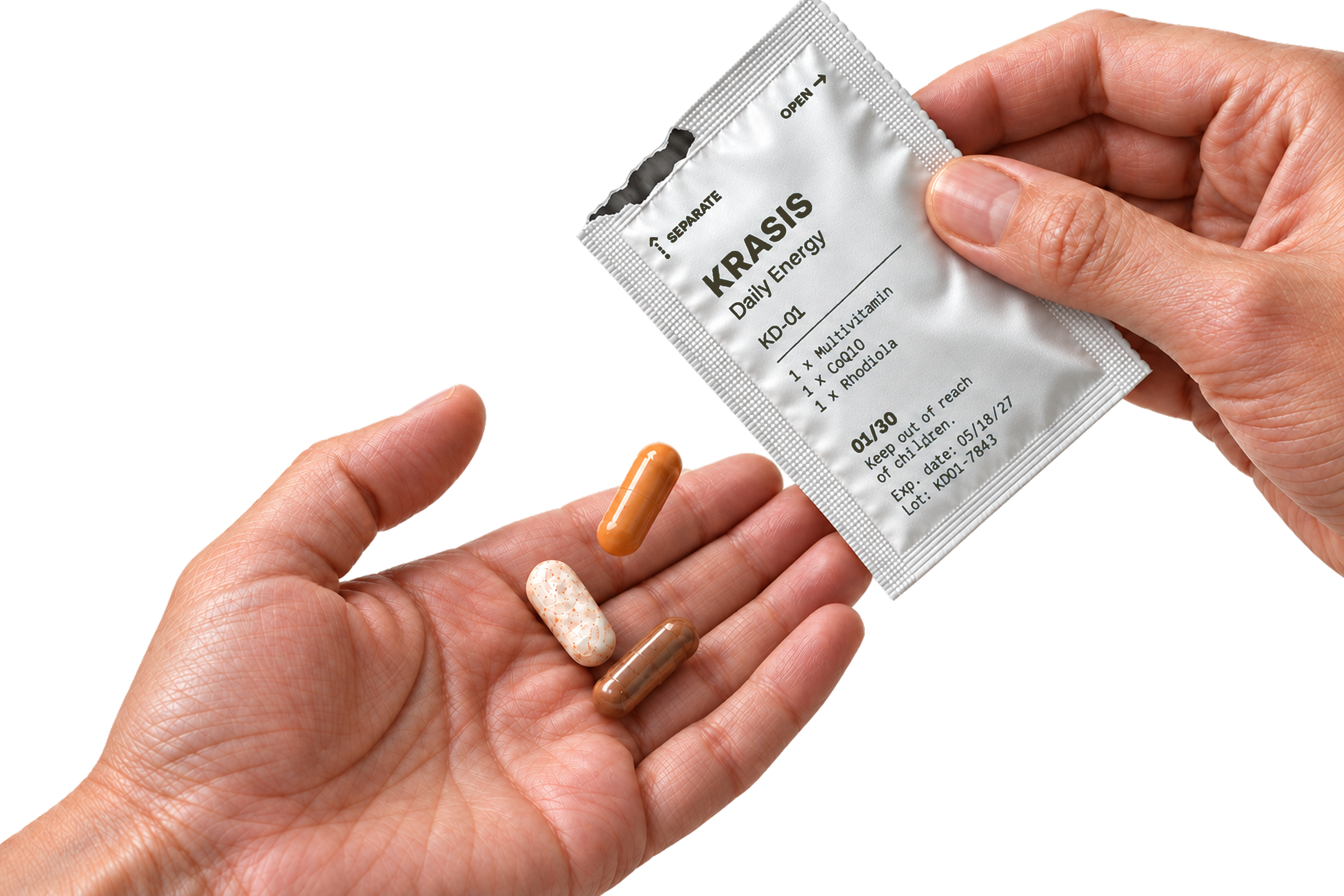 An opened Krasis Daily Energy packet pouring its three supplements into a cupped hand