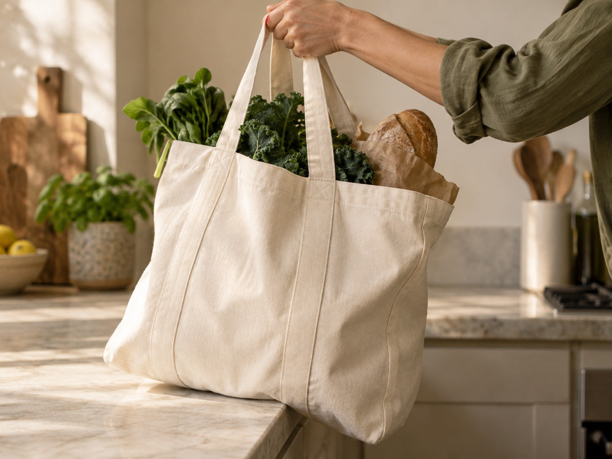 A hand lifting a canvas grocery bag onto a kitchen counter
